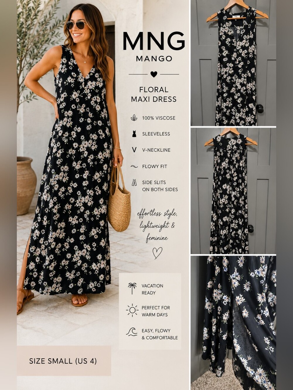 MNG Mango Floral Sleeveless V-Neck Maxi Dress Side Slits Size Small